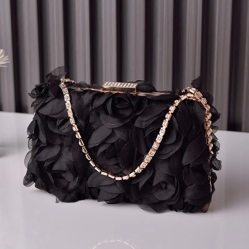 Chiffon Rose Evening Bag | Floral Clutch with Crystal Chain Strap (MAC355) - Image 4