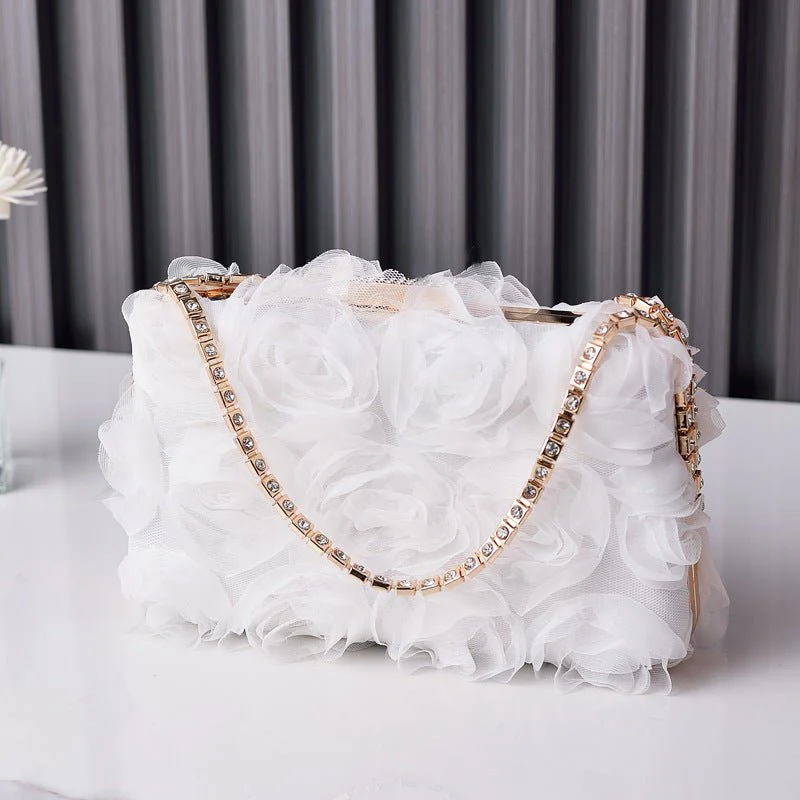 Chiffon Rose Evening Bag | Floral Clutch with Crystal Chain Strap (MAC355) - Image 6
