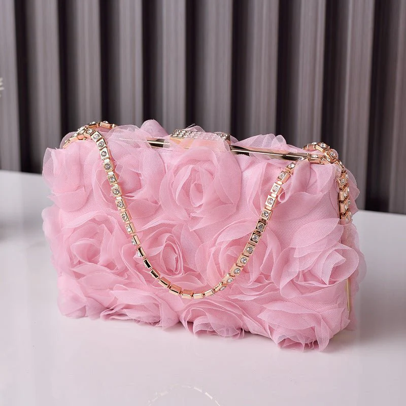 Chiffon Rose Evening Bag | Floral Clutch with Crystal Chain Strap (MAC355) - Image 7
