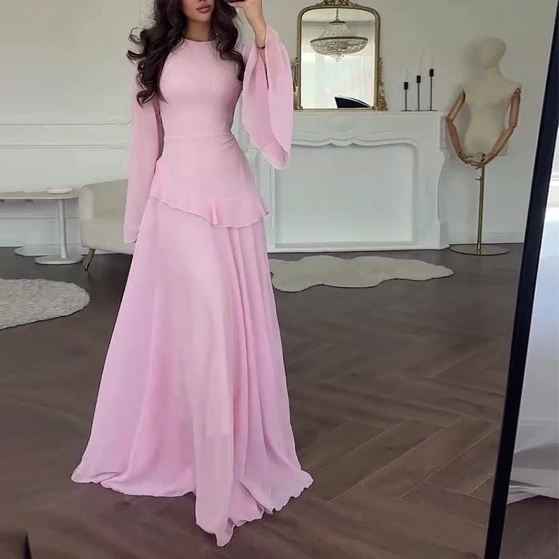Chiffon Ruffle Gown with Tie-Back | Bell Sleeve Tiered Maxi Dress(MS227) - Image 12