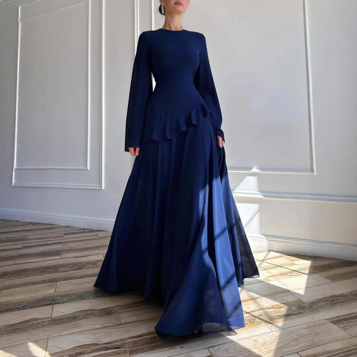 Chiffon Ruffle Gown with Tie-Back | Bell Sleeve Tiered Maxi Dress(MS227) - Image 13