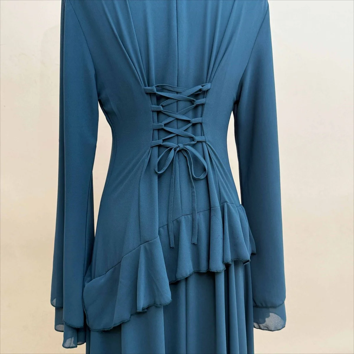 Chiffon Ruffle Gown with Tie-Back | Bell Sleeve Tiered Maxi Dress(MS227) - Image 22