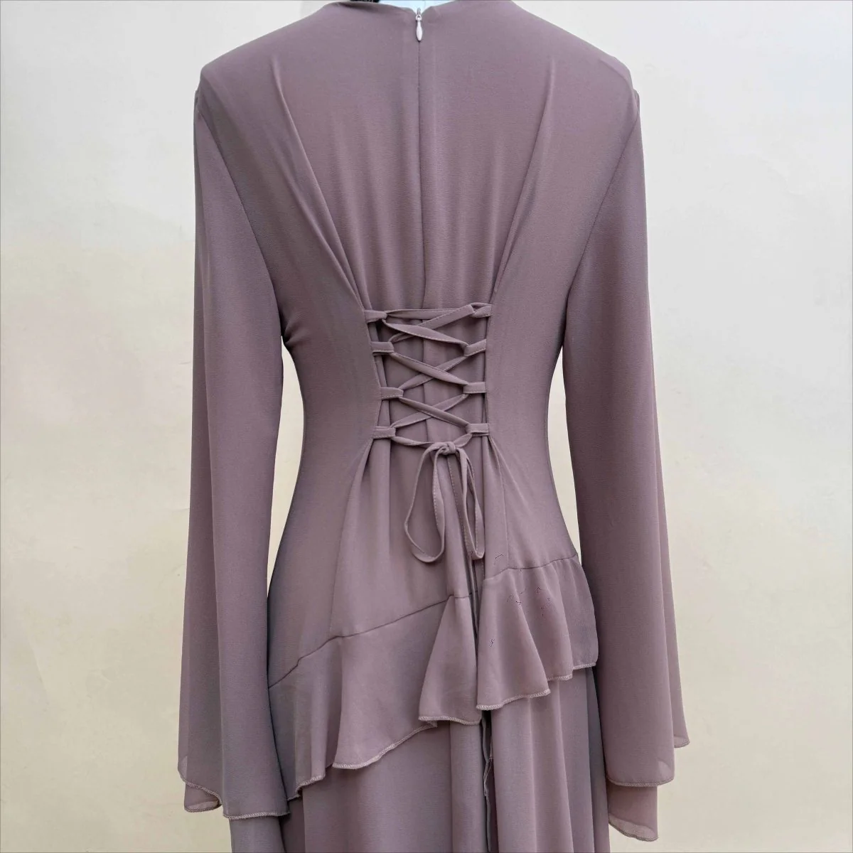 Chiffon Ruffle Gown with Tie-Back | Bell Sleeve Tiered Maxi Dress(MS227) - Image 24