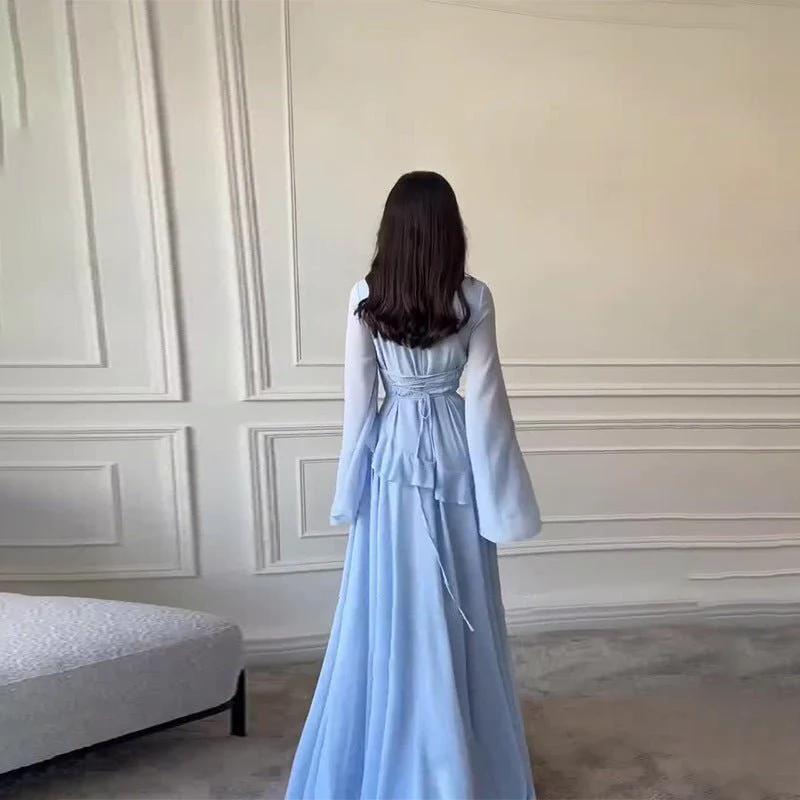 Chiffon Ruffle Gown with Tie-Back | Bell Sleeve Tiered Maxi Dress(MS227) - Image 3