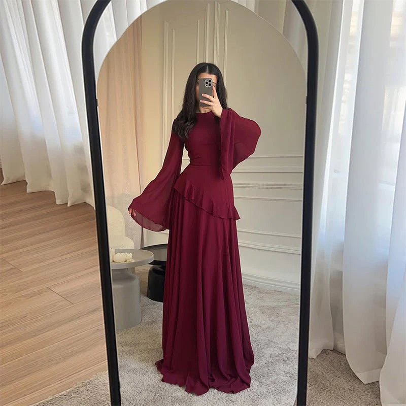 Chiffon Ruffle Gown with Tie-Back | Bell Sleeve Tiered Maxi Dress(MS227) - Image 4