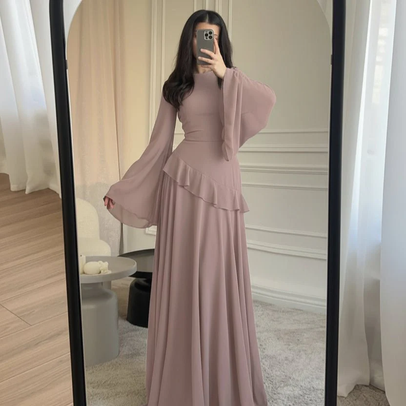 Chiffon Ruffle Gown with Tie-Back | Bell Sleeve Tiered Maxi Dress(MS227) - Image 5