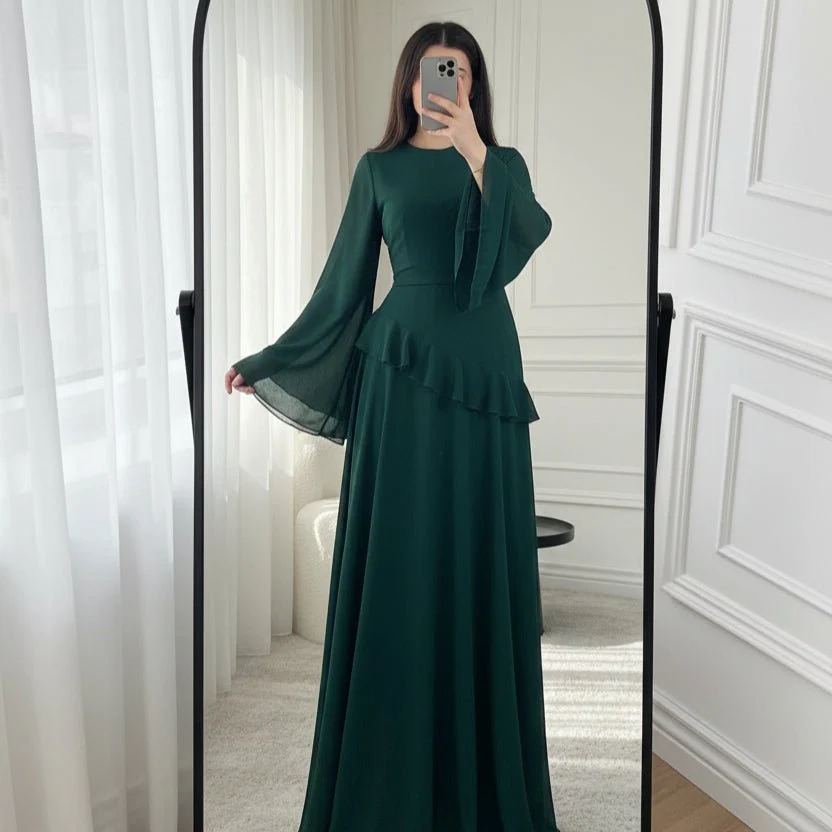 Chiffon Ruffle Gown with Tie-Back | Bell Sleeve Tiered Maxi Dress(MS227) - Image 6