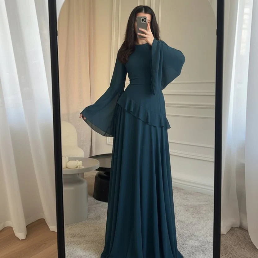Chiffon Ruffle Gown with Tie-Back | Bell Sleeve Tiered Maxi Dress(MS227) - Image 7