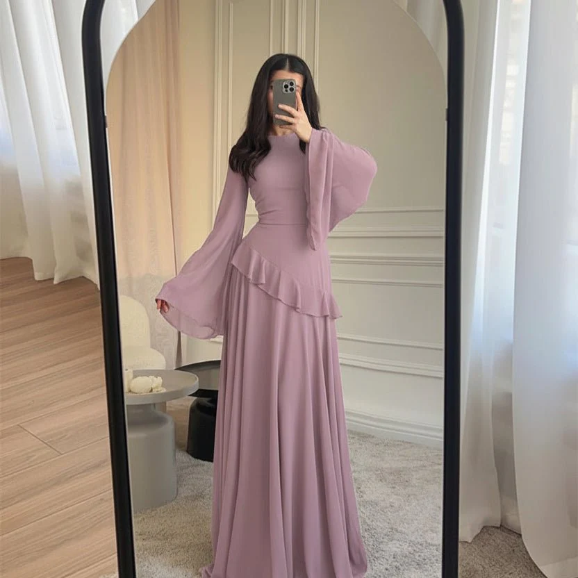 Chiffon Ruffle Gown with Tie-Back | Bell Sleeve Tiered Maxi Dress(MS227) - Image 8