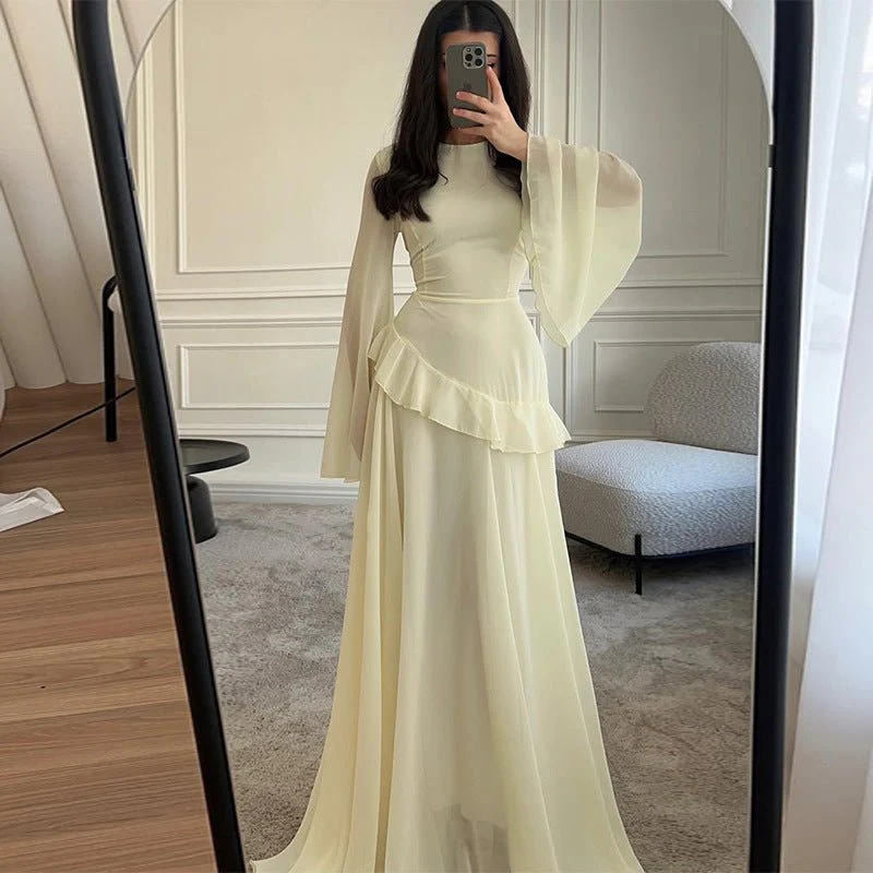Chiffon Ruffle Gown with Tie-Back | Bell Sleeve Tiered Maxi Dress(MS227) - Image 9
