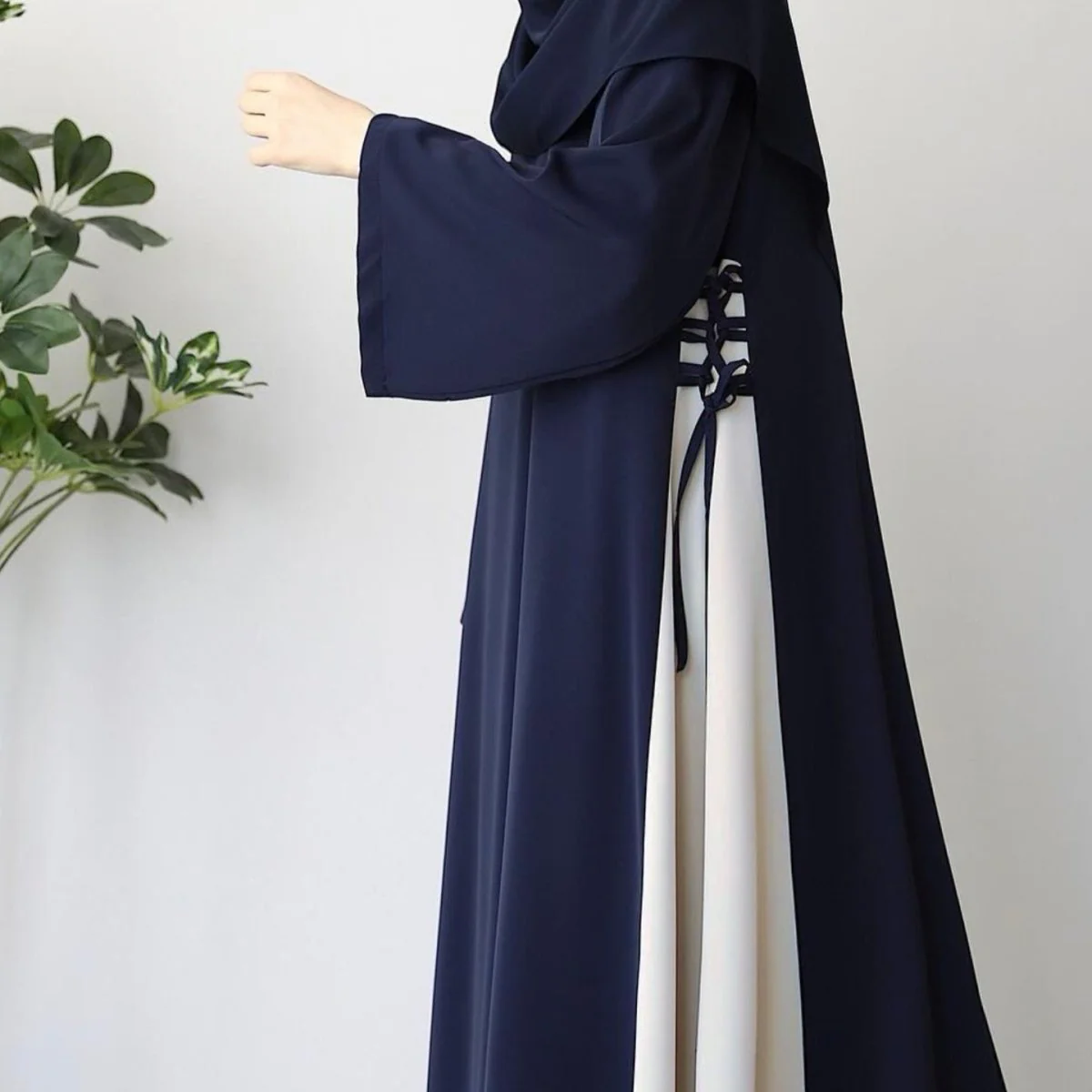 Colorblock Side-Tie Abaya | Two-Tone Round Neck Maxi Dress Abaya (MA362) - Image 11