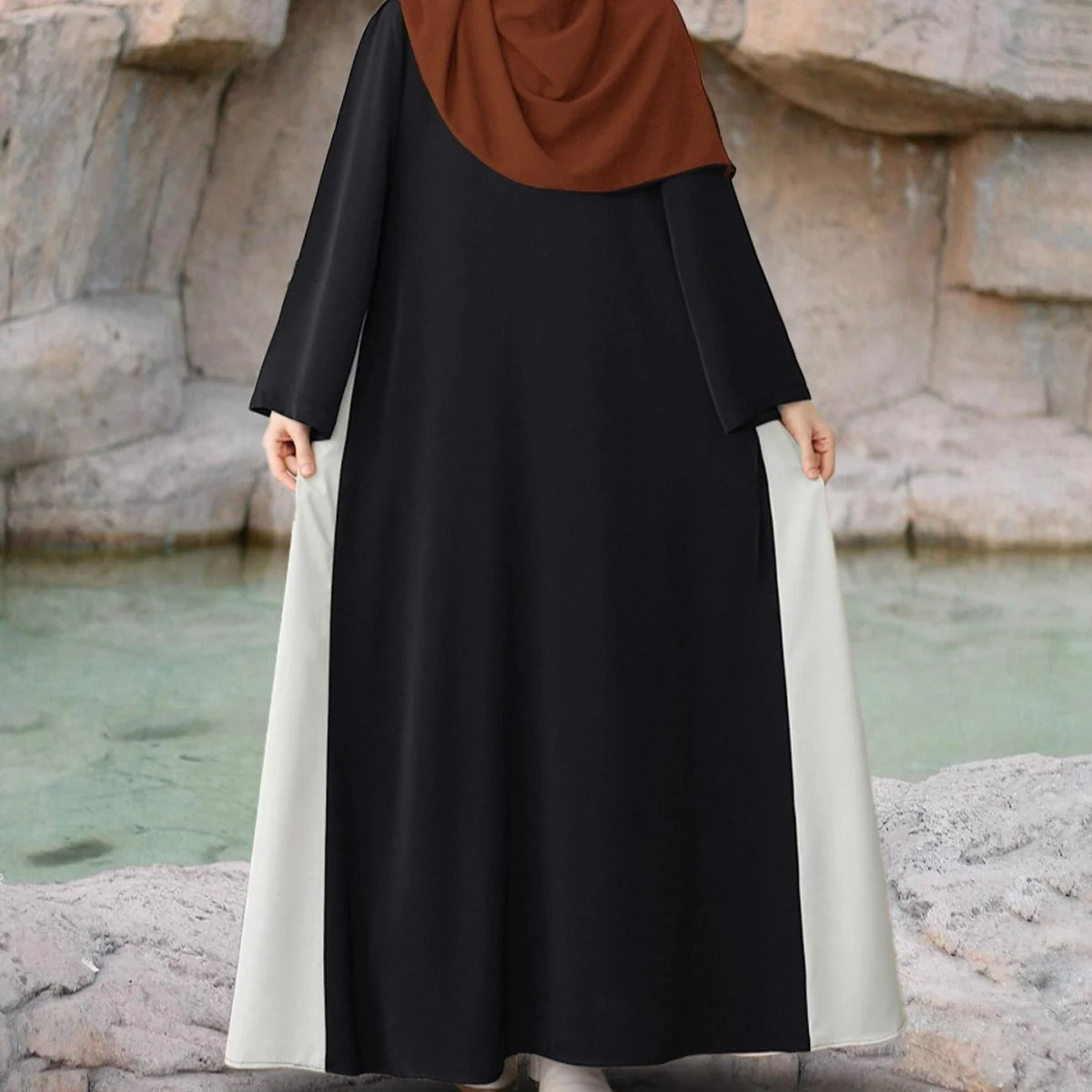 Colorblock Side-Tie Abaya | Two-Tone Round Neck Maxi Dress Abaya (MA362) - Image 13