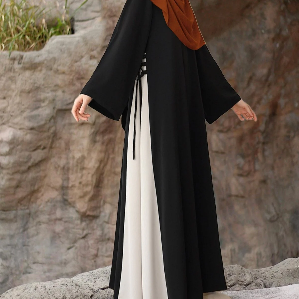 Colorblock Side-Tie Abaya | Two-Tone Round Neck Maxi Dress Abaya (MA362) - Image 14