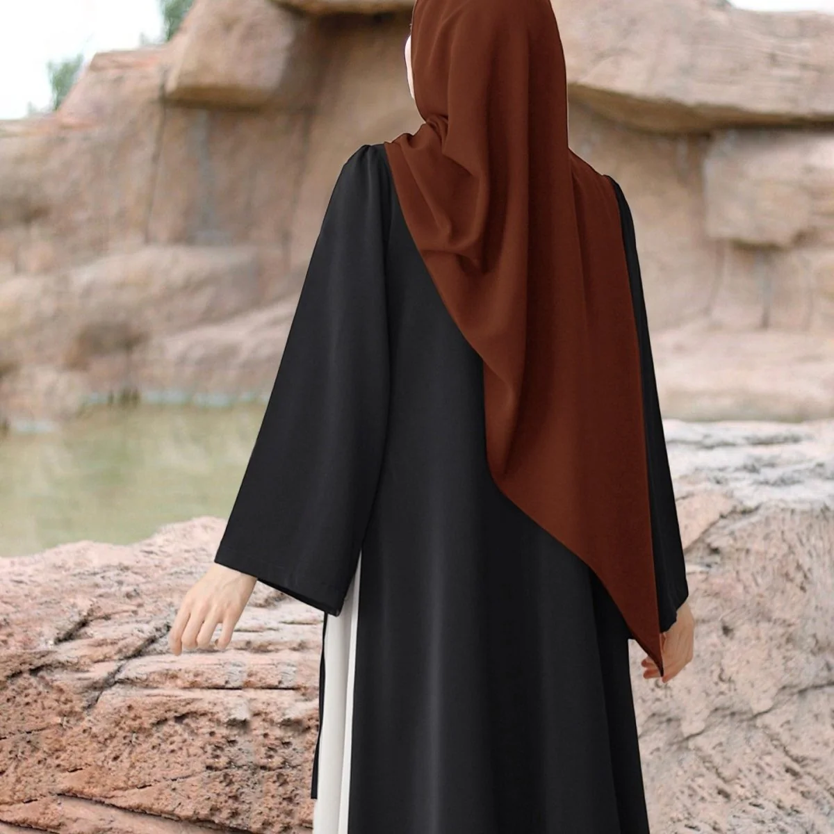 Colorblock Side-Tie Abaya | Two-Tone Round Neck Maxi Dress Abaya (MA362) - Image 15