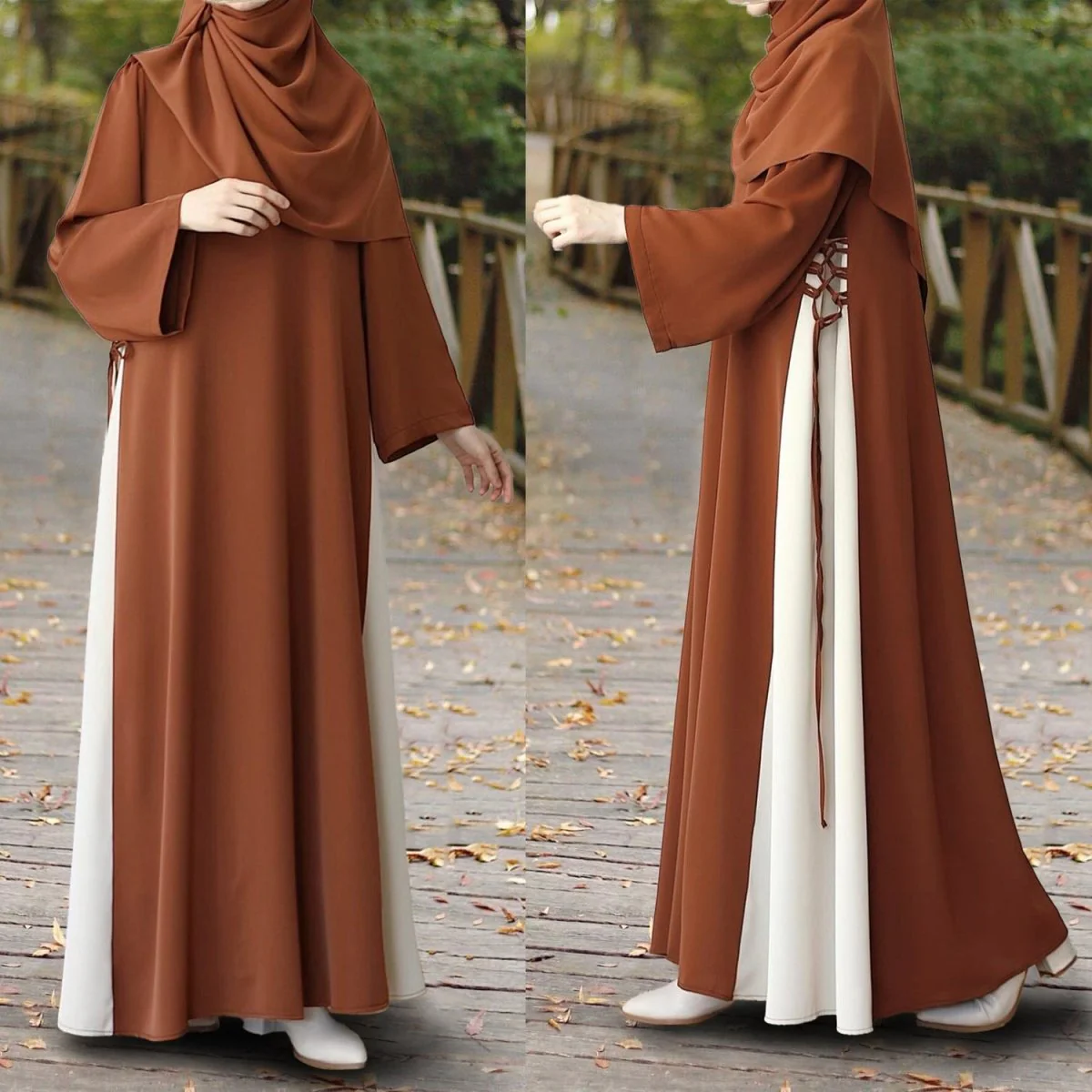 Colorblock Side-Tie Abaya | Two-Tone Round Neck Maxi Dress Abaya (MA362) - Image 17