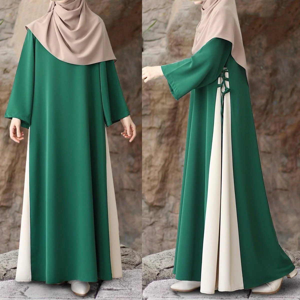 Colorblock Side-Tie Abaya | Two-Tone Round Neck Maxi Dress Abaya (MA362) - Image 18