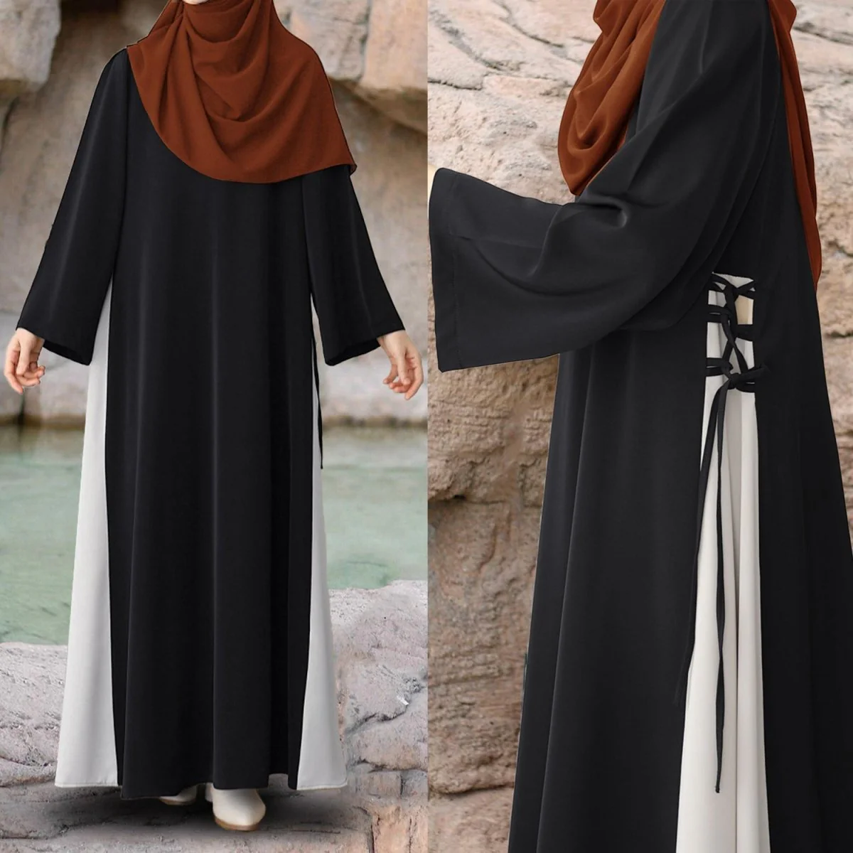 Colorblock Side-Tie Abaya | Two-Tone Round Neck Maxi Dress Abaya (MA362) - Image 19