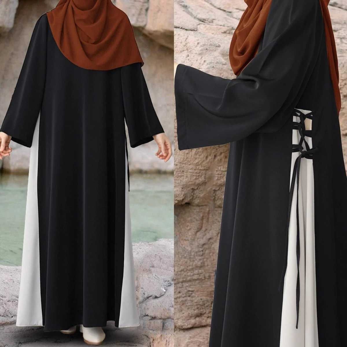 Colorblock Side-Tie Abaya | Two-Tone Round Neck Maxi Dress Abaya (MA362) - Image 2