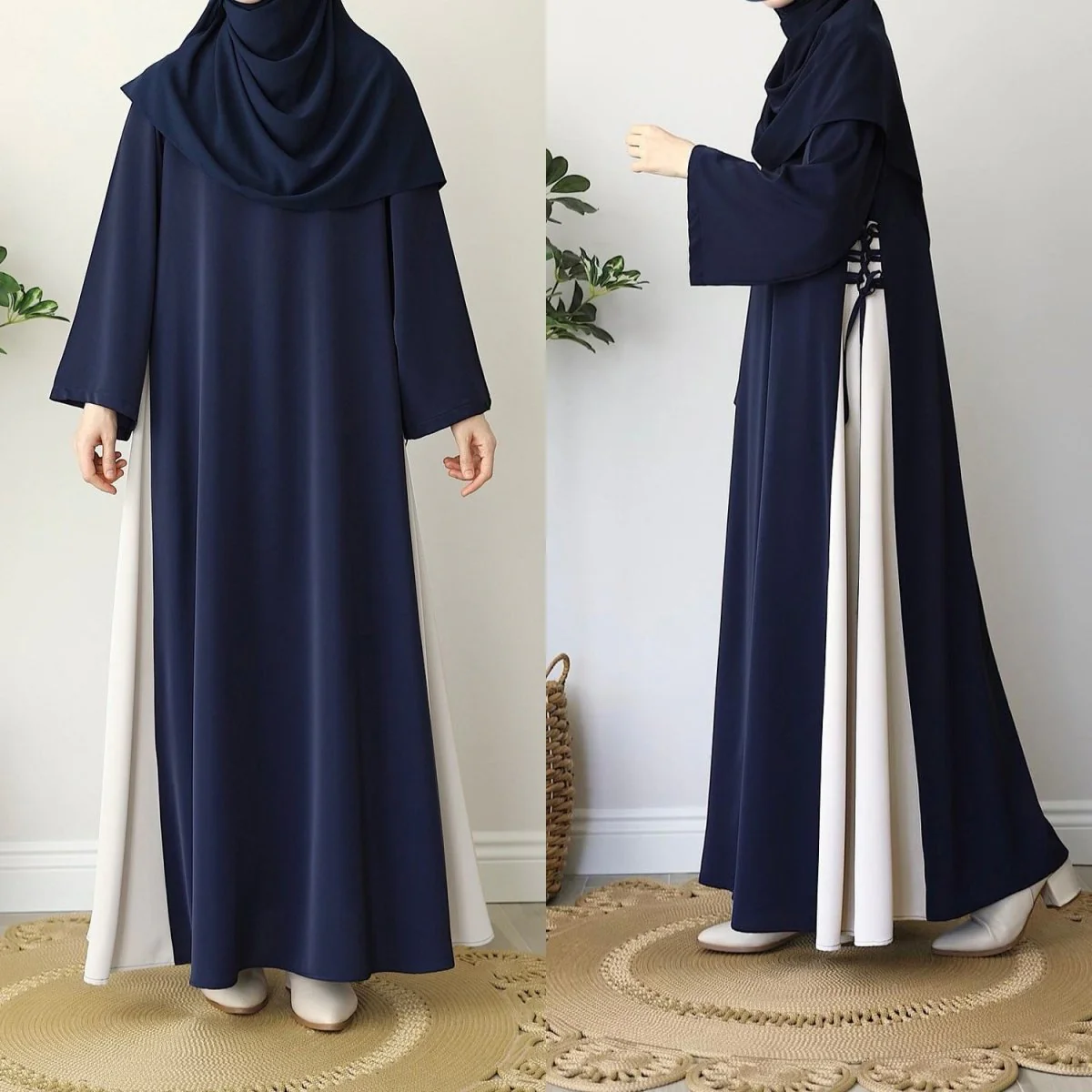 Colorblock Side-Tie Abaya | Two-Tone Round Neck Maxi Dress Abaya (MA362) - Image 20