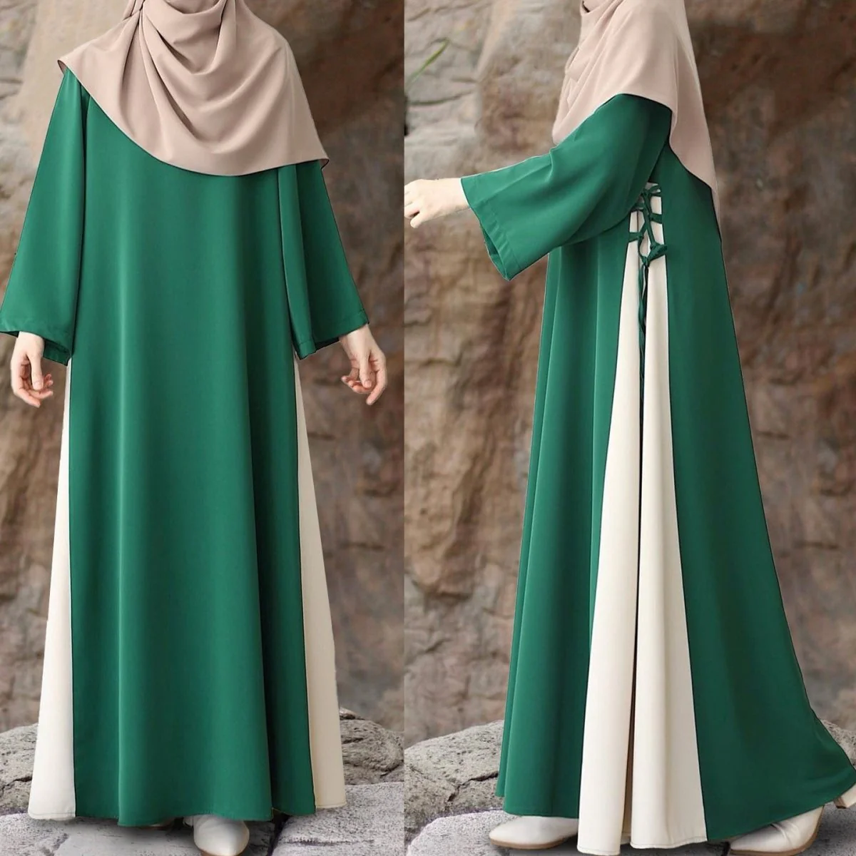 Colorblock Side-Tie Abaya | Two-Tone Round Neck Maxi Dress Abaya (MA362) - Image 3