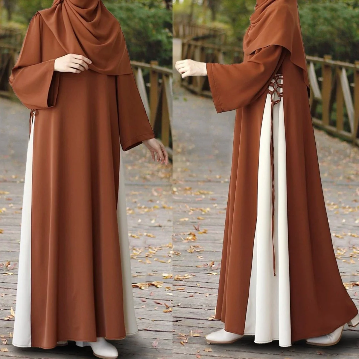 Colorblock Side-Tie Abaya | Two-Tone Round Neck Maxi Dress Abaya (MA362) - Image 4