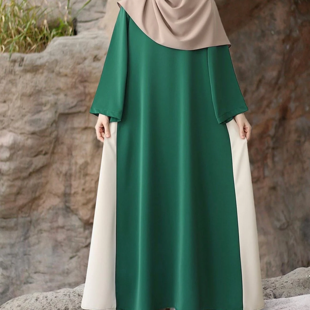 Colorblock Side-Tie Abaya | Two-Tone Round Neck Maxi Dress Abaya (MA362) - Image 5