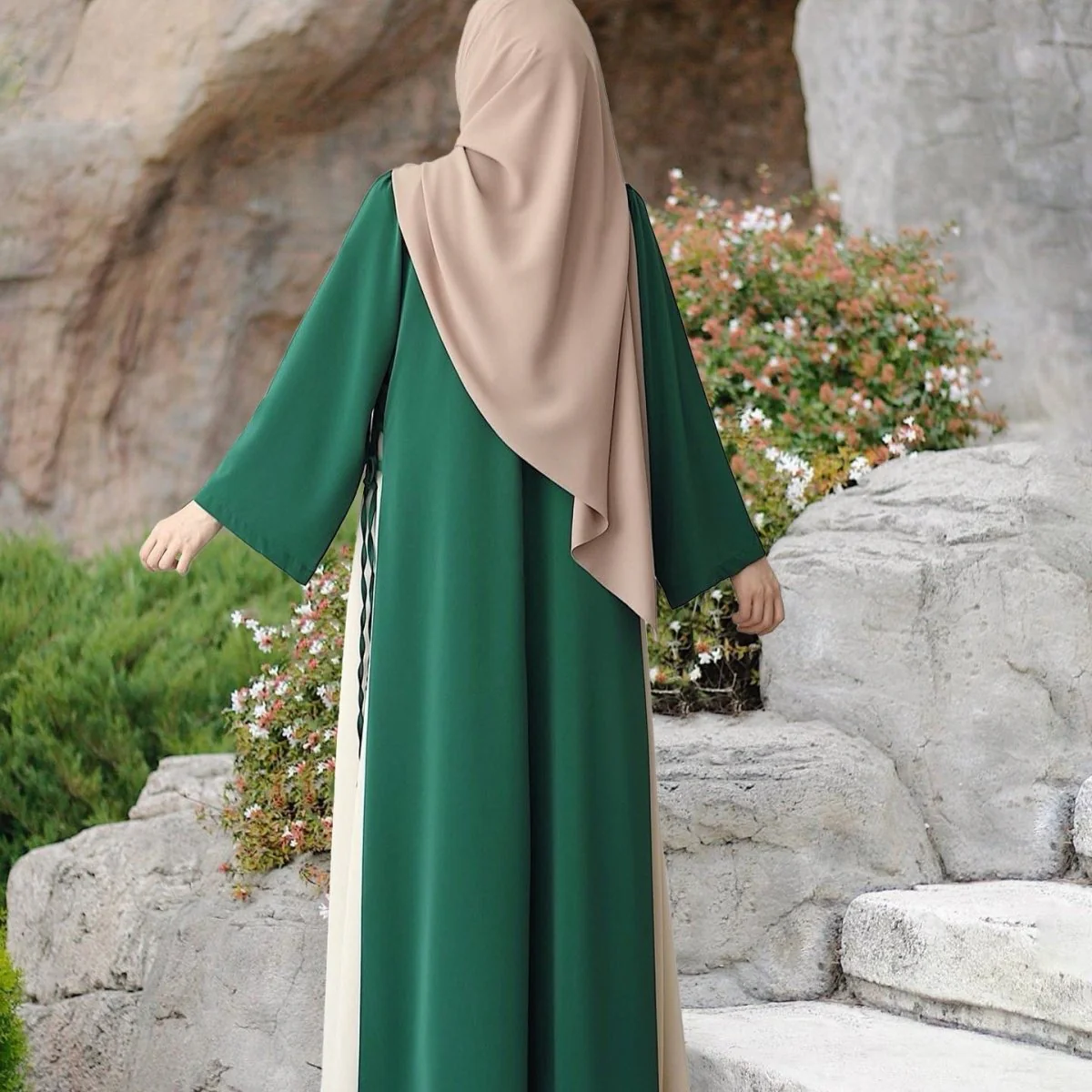 Colorblock Side-Tie Abaya | Two-Tone Round Neck Maxi Dress Abaya (MA362) - Image 6