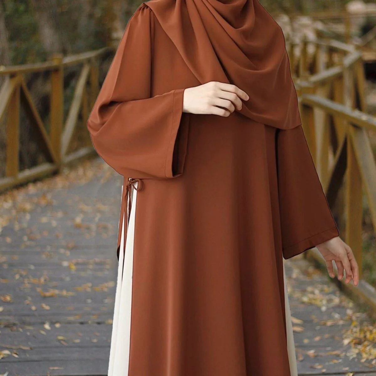 Colorblock Side-Tie Abaya | Two-Tone Round Neck Maxi Dress Abaya (MA362) - Image 8