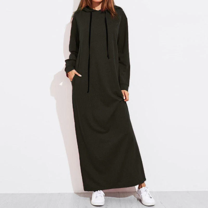 Comfortable Hooded Maxi Dress with Drawstring | Long Sleeve Polyvinyl Alcohol Fiber Dress with Pockets(MS119) - Image 2