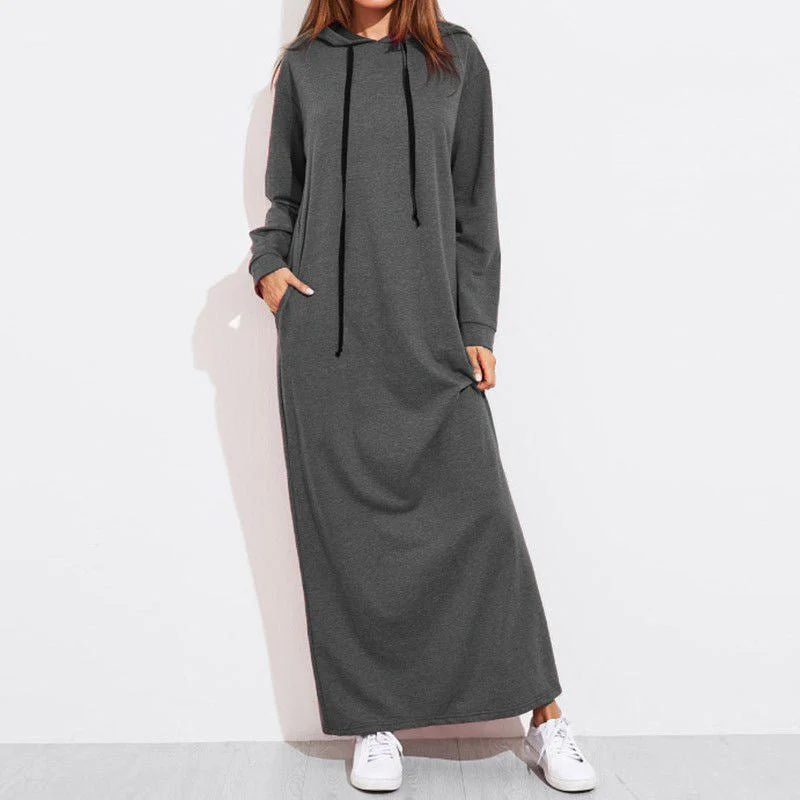 Comfortable Hooded Maxi Dress with Drawstring | Long Sleeve Polyvinyl Alcohol Fiber Dress with Pockets(MS119) - Image 3