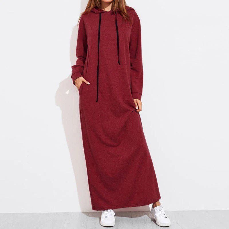 Comfortable Hooded Maxi Dress with Drawstring | Long Sleeve Polyvinyl Alcohol Fiber Dress with Pockets(MS119) - Image 4