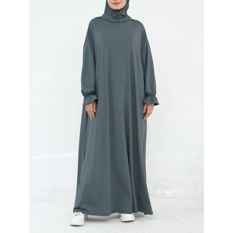 Comfortable Milk Silk Hooded Maxi Dress with Pockets | Elastic Cuff Long Sleeve Dress(MA321) - Image 10