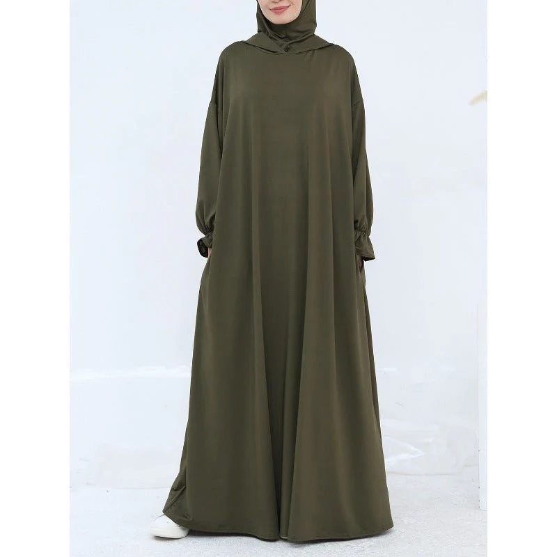 Comfortable Milk Silk Hooded Maxi Dress with Pockets | Elastic Cuff Long Sleeve Dress(MA321) - Image 13