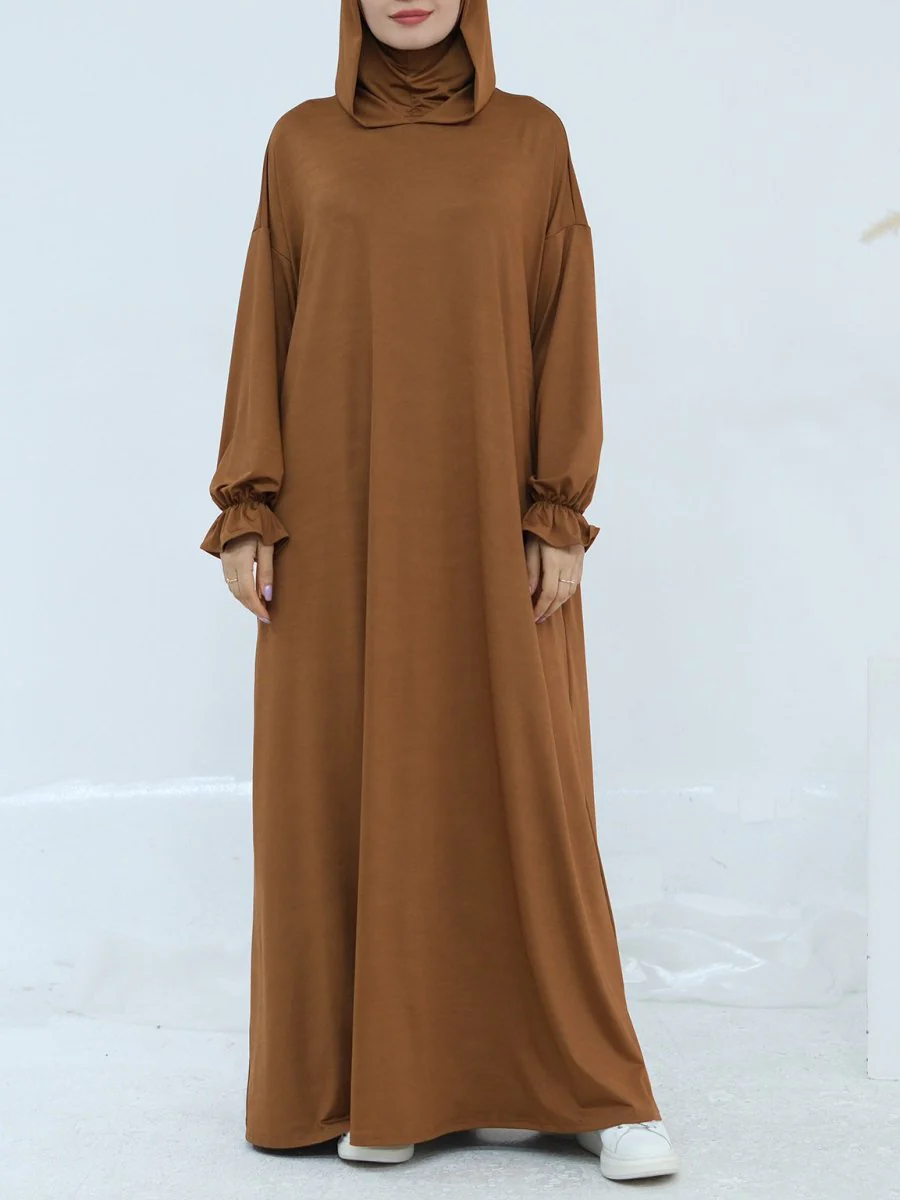 Comfortable Milk Silk Hooded Maxi Dress with Pockets | Elastic Cuff Long Sleeve Dress(MA321) - Image 16