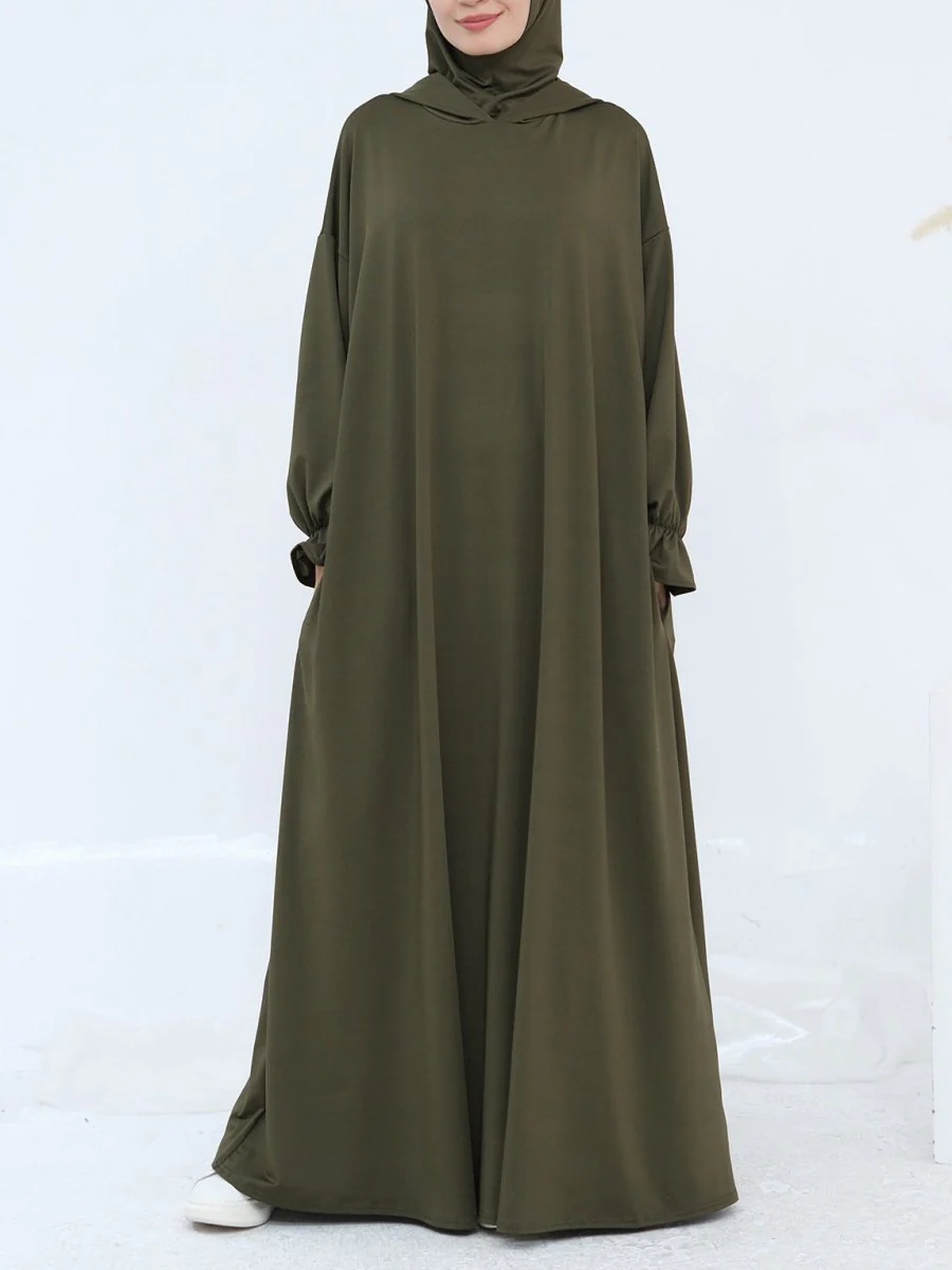 Comfortable Milk Silk Hooded Maxi Dress with Pockets | Elastic Cuff Long Sleeve Dress(MA321) - Image 18