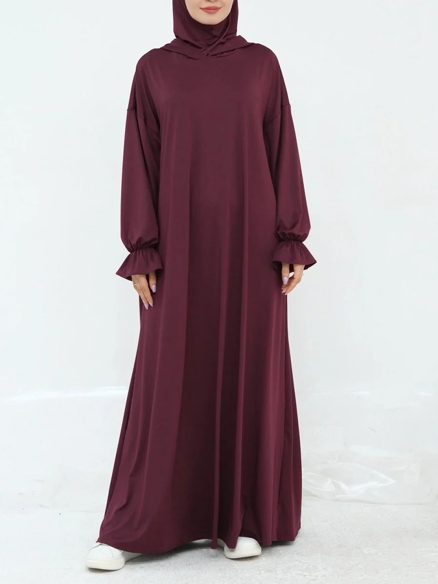 Comfortable Milk Silk Hooded Maxi Dress with Pockets | Elastic Cuff Long Sleeve Dress(MA321) - Image 20