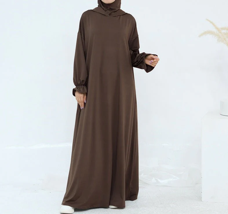 Comfortable Milk Silk Hooded Maxi Dress with Pockets | Elastic Cuff Long Sleeve Dress(MA321) - Image 21