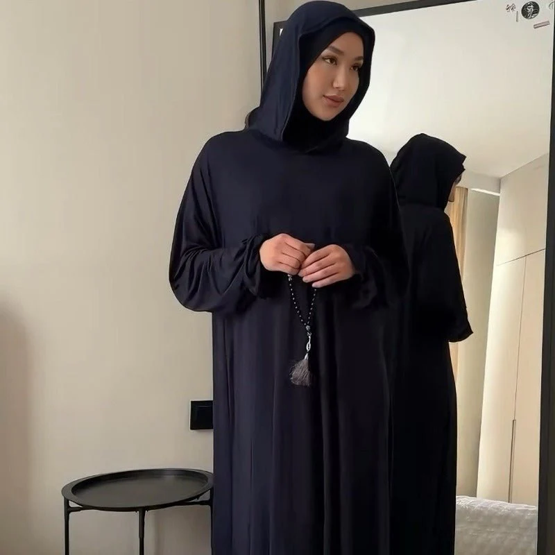 Comfortable Milk Silk Hooded Maxi Dress with Pockets | Elastic Cuff Long Sleeve Dress(MA321) - Image 4