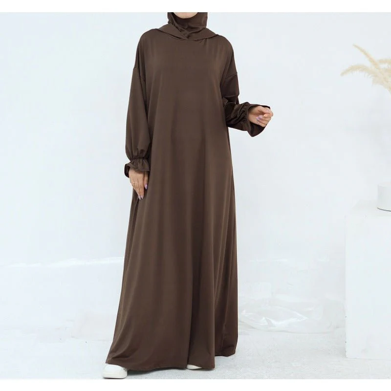 Comfortable Milk Silk Hooded Maxi Dress with Pockets | Elastic Cuff Long Sleeve Dress(MA321) - Image 5