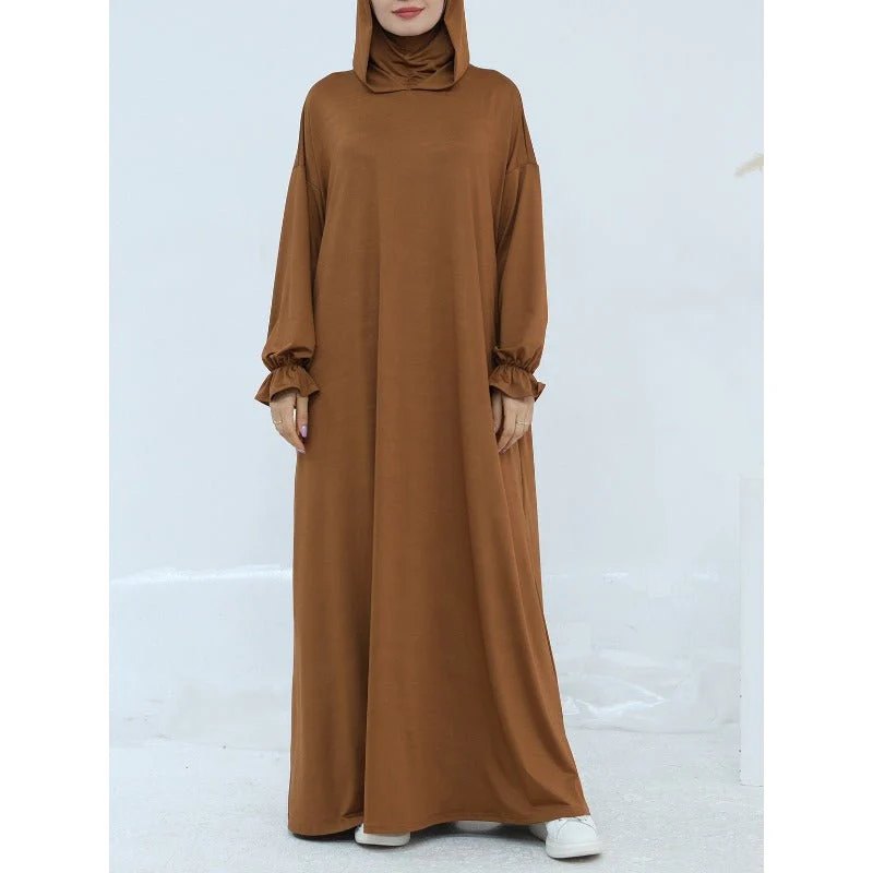 Comfortable Milk Silk Hooded Maxi Dress with Pockets | Elastic Cuff Long Sleeve Dress(MA321) - Image 6