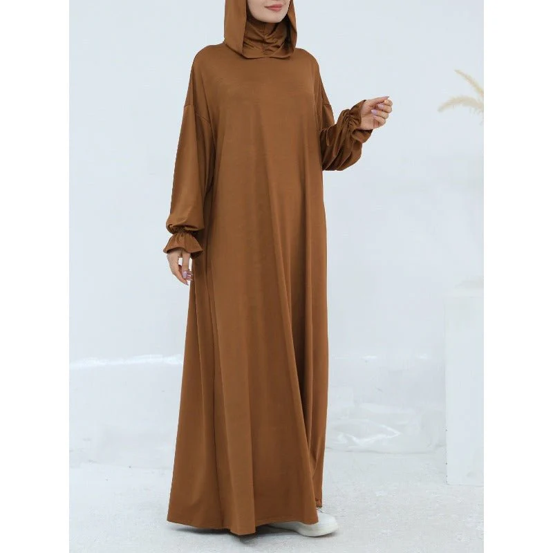 Comfortable Milk Silk Hooded Maxi Dress with Pockets | Elastic Cuff Long Sleeve Dress(MA321) - Image 7