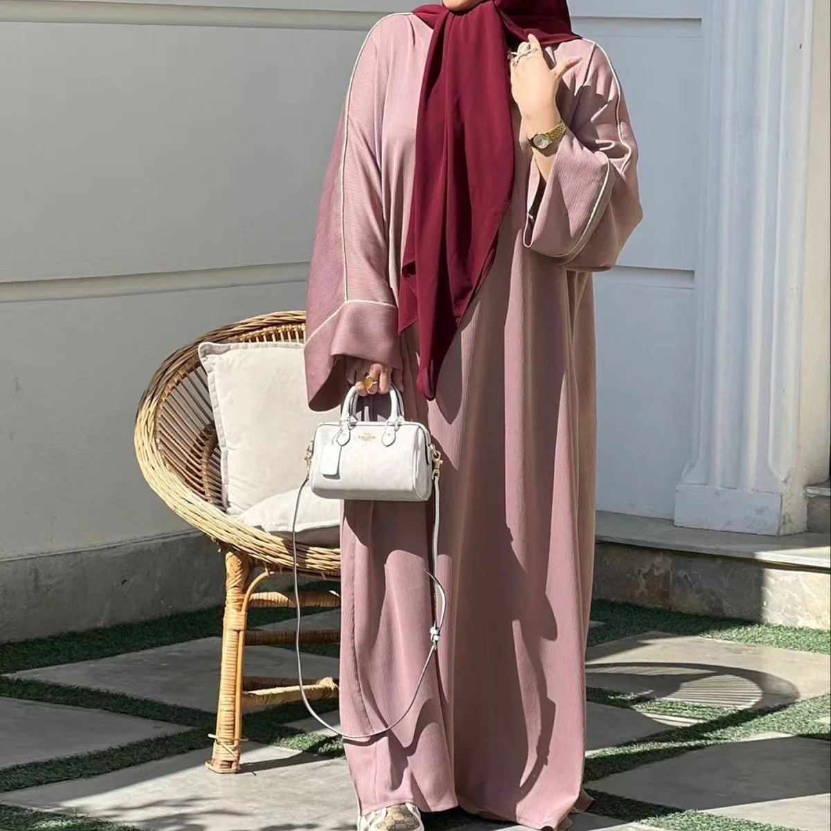 Contrast Colour Trimmed Robe - Modest Casual Dress with Flared Sleeves(MA280) - Image 17