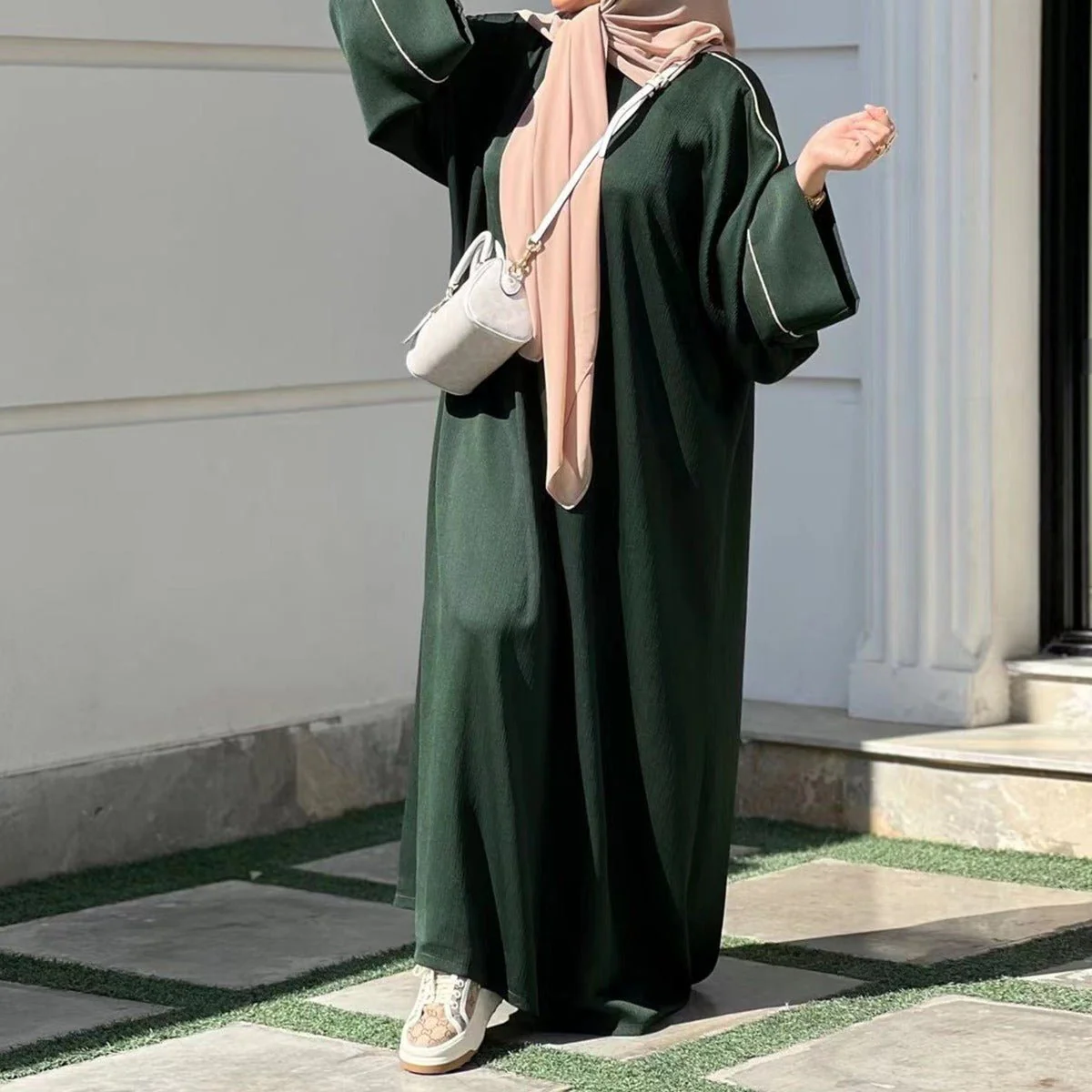 Contrast Colour Trimmed Robe - Modest Casual Dress with Flared Sleeves(MA280) - Image 4