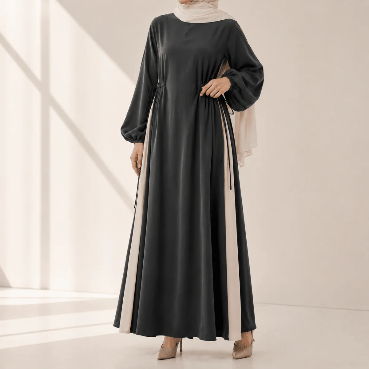 Contrast Panel  Abaya with Drawstring Detail & Balloon Sleeves(MA421) - Image 2