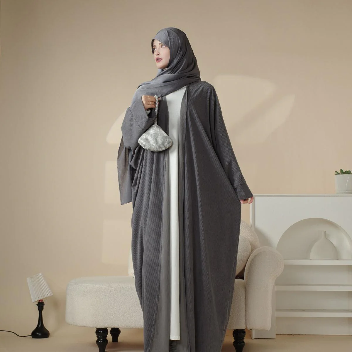 Corduroy Cardigan Open Abaya (MOA028) - Image 7