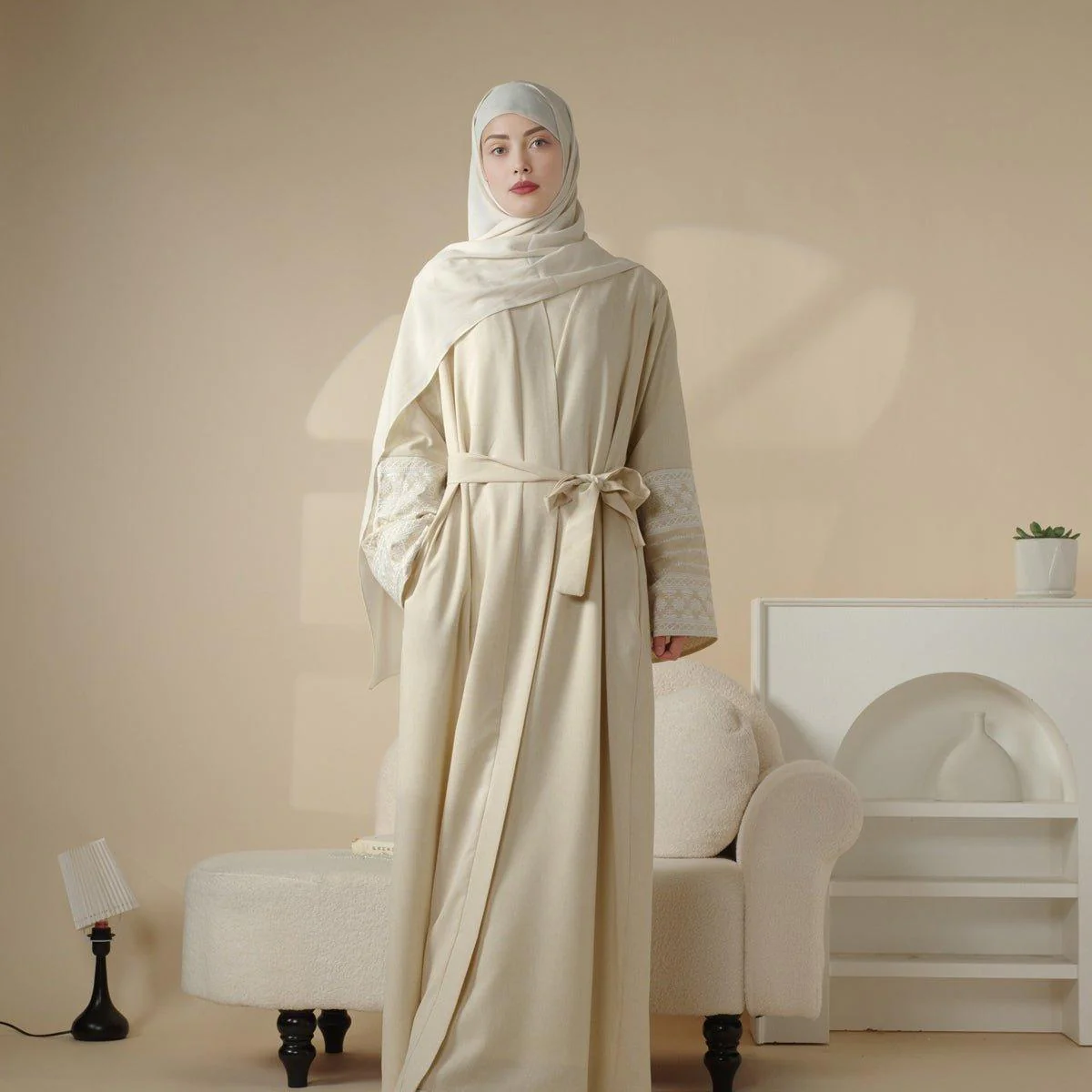 Cotton Embroidery Cardigan Open Abaya (MOA035) - Image 3