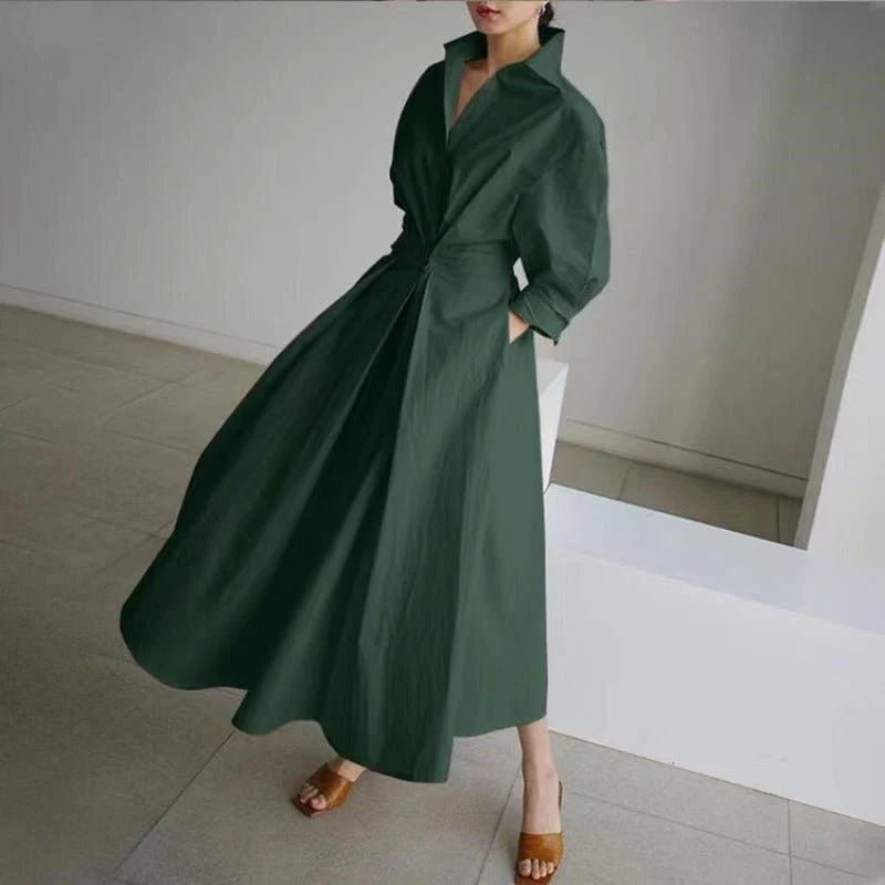 Cotton Linen Polo Collar Long Sleeve Maxi Dress(MS116) - Image 4