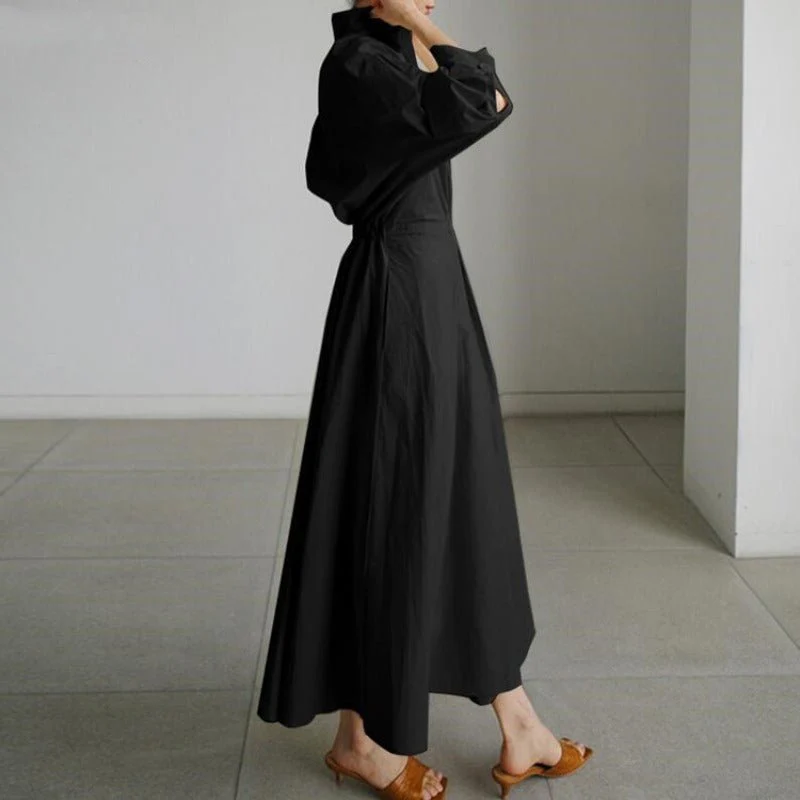 Cotton Linen Polo Collar Long Sleeve Maxi Dress(MS116) - Image 6