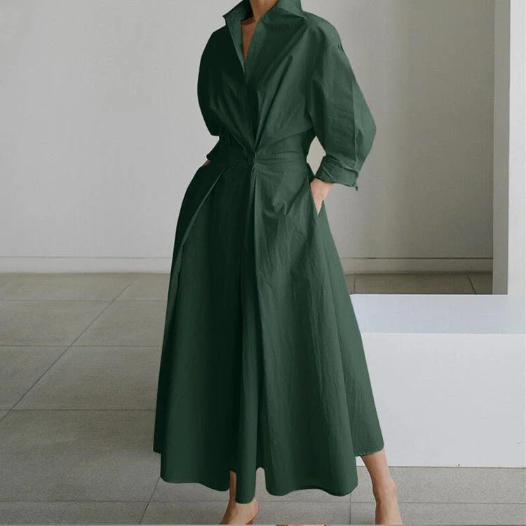 Cotton Linen Polo Collar Long Sleeve Maxi Dress(MS116) - Image 7