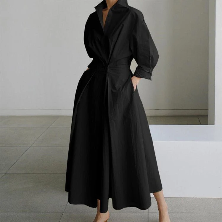 Cotton Linen Polo Collar Long Sleeve Maxi Dress(MS116) - Image 8